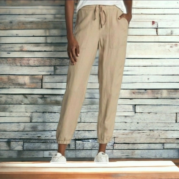 Calvin Klein Jeans Linen Blennd Beach Pants Elastic Ankle Drawstring Waist Sz 2 - Picture 2 of 9